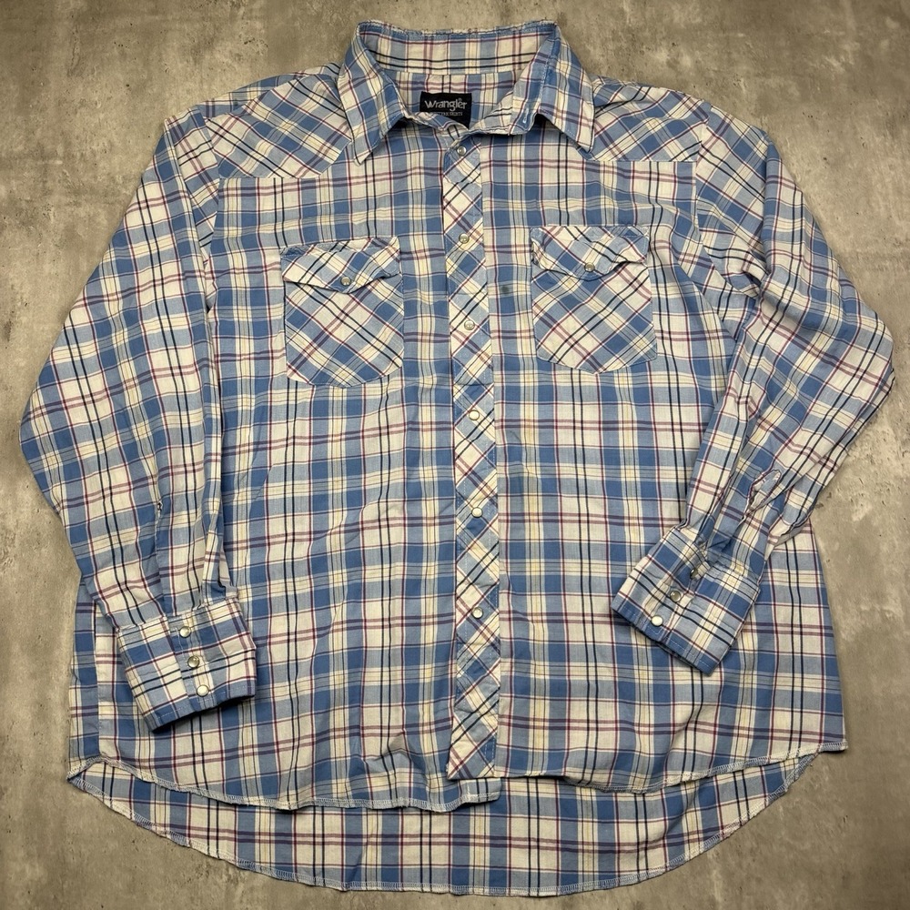 Wrangler Wrancher Shirt Womens 1X Blue Plaid Pearl Snap Rodeo Cowgirl USA Work